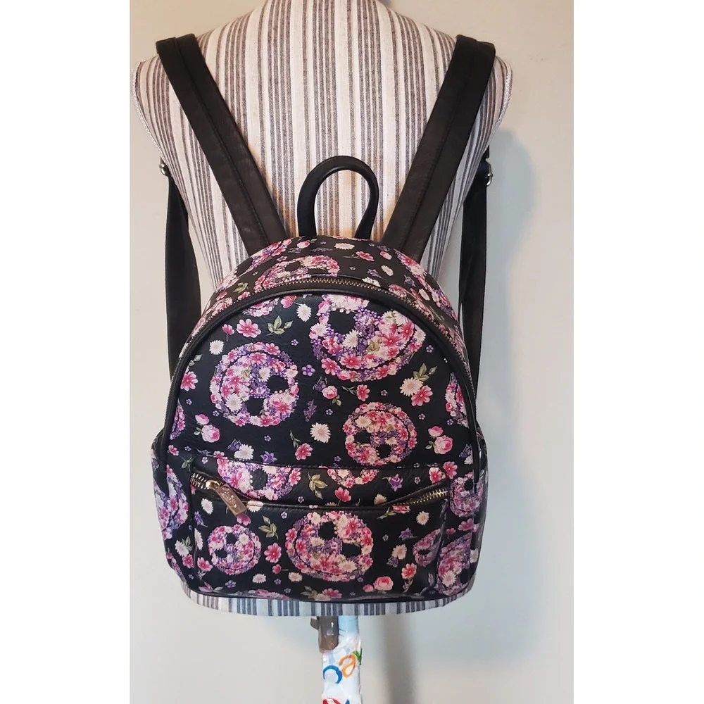 Danielle Nicole Disney Floral Skull Mini Backpack Black Faux Leather Bag *read* - Picture 1 of 8